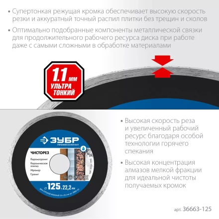 ЗУБР Чисторез, 125 мм, (22.2 мм, 5 х 1.1 мм), сплошной алмазный диск, Профессионал (36663-125) купить в Надыме