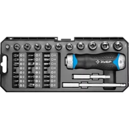 Набор ЗУБР "ПРОФЕССИОНАЛ": Отвертка реверсив с двухкомп рукоят, насадки, CrMo, рукоят с отсеком для хранения бит, 38 предметов 25352-H38