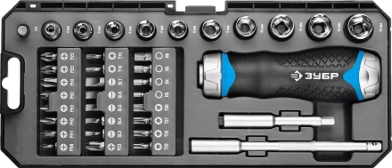 Набор ЗУБР "ПРОФЕССИОНАЛ": Отвертка реверсив с двухкомп рукоят, насадки, CrMo, рукоят с отсеком для хранения бит, 38 предметов 25352-H38 купить в Надыме