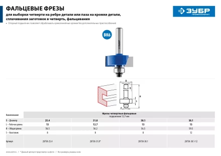 ЗУБР 38.1 x 13 мм, хвостовик 12 мм, фреза фальцевая, Профессионал (28758-38.1) купить в Надыме