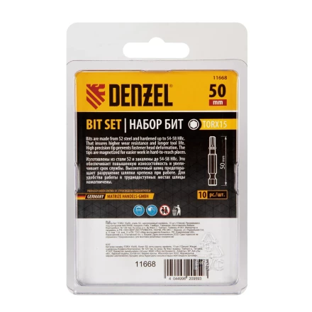 Бита TX 15х50, сталь S2, шестигранный профиль, 10 шт. Е 6,3 Denzel 11668 купить в Надыме