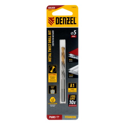 Сверло спиральное по металлу Denzel 5 x 86 мм, Р6М5, Golden Tip, 718233 купить в Надыме