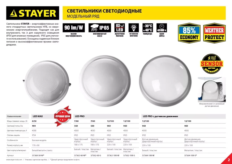 Светильник STAYER "PROFI" PROLight светодиодный, влагозащищенный IP65, пластиковый корпус, PC, влагозащищенный, круг, белый, 4000К, 12(100Вт) 57362-100-W купить в Надыме