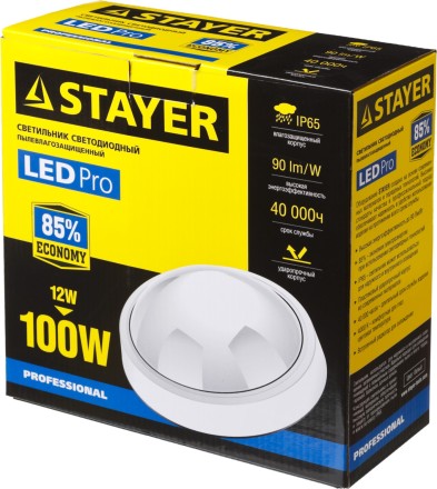 Светильник STAYER &quot;PROFI&quot; PROLight светодиодный, влагозащищенный IP65, пластиковый корпус, PC, влагозащищенный, круг, белый, 4000К, 12(100Вт) 57362-100-W купить в Надыме