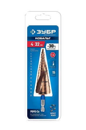 ЗУБР КОБАЛЬТ 4-32мм, 15 ступеней, винтовая проточка, сверло ступенчатое, ПРОФЕССИОНАЛ (29674-4-32-15) купить в Надыме