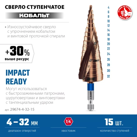 ЗУБР КОБАЛЬТ 4-32мм, 15 ступеней, винтовая проточка, сверло ступенчатое, ПРОФЕССИОНАЛ (29674-4-32-15) купить в Надыме