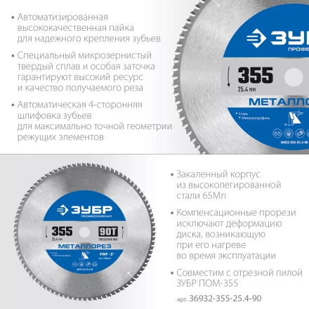 ЗУБР Металлорез, 355 х 25.4 мм, 90Т, пильный диск по металлу и металлопрофилю, Профессионал (36932-355-25.4-90) купить в Надыме
