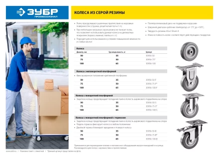 ЗУБР d 50 мм, г/п 35 кг, резина/полипропилен, поворотное колесо (30956-50-S) купить в Надыме
