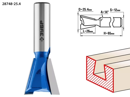 ЗУБР 25.4 x 26 мм, угол 14°, фреза пазовая фасонная Ласточкин Хвост, Профессионал (28748-25.4) купить в Надыме