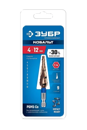 ЗУБР КОБАЛЬТ 4-12мм, 9 ступеней, винтовая проточка, сверло ступенчатое, серия Профессионал(29674-4-12-9) купить в Надыме
