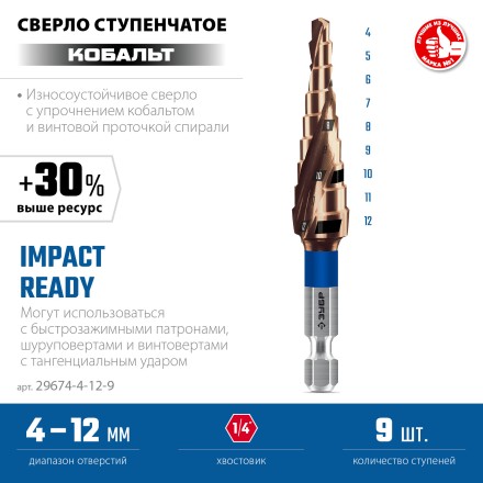 ЗУБР КОБАЛЬТ 4-12мм, 9 ступеней, винтовая проточка, сверло ступенчатое, серия Профессионал(29674-4-12-9) купить в Надыме