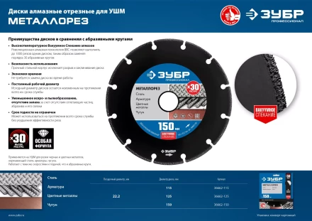 ЗУБР МЕТАЛЛОРЕЗ 115 мм, вакуумное спекание, алмазный диск по металлу, Профессионал (36662-115) купить в Надыме