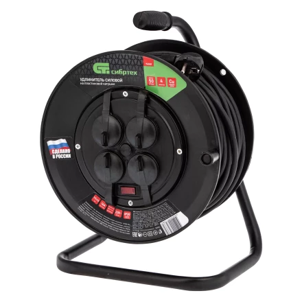 Удлинитель силовой на кабельной катушке, ПВС, 50 м, 4 розетки с крышкой, IP44, 16А, УХз16, Россия Сибртех 96048 купить в Надыме