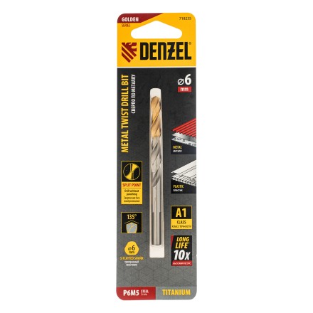 Сверло спиральное по металлу Denzel 6 x 93 мм, Р6М5, Golden Tip, 718235 купить в Надыме