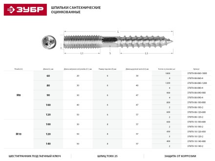 ЗУБР. Шпилька сантехническая, шестигранник, Torx 25, оцинкованная, М8x120мм, 2шт 37870-08-120-2 купить в Надыме