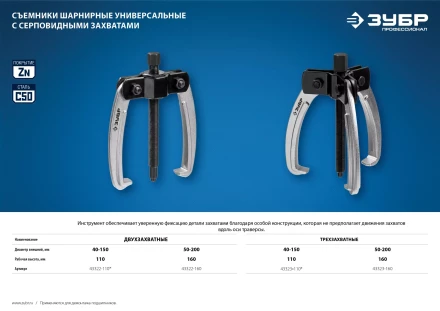 ЗУБР d 50 - 200 мм, шарнирный двухзахватный съемник с серповидными захватами, Профессионал (43322-160) купить в Надыме