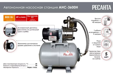 Автономная насосная станция Ресанта АНС-3600Н 77/1/2 купить в Надыме