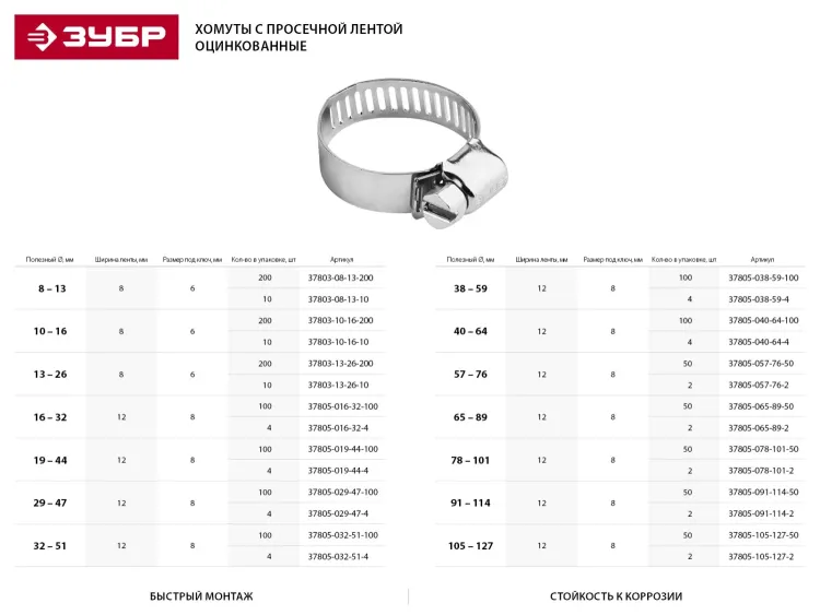 Хомуты стальные оцинкованые, ширина ленты 8мм, 13-19мм, 10шт, STAYER 37800-13-19-10 37800-13-19-10 купить в Надыме
