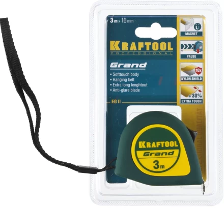 Рулетка KRAFTOOL GRAND, обрезиненный пластиковый корпус, 3м/16мм 34022-03-16 купить в Надыме