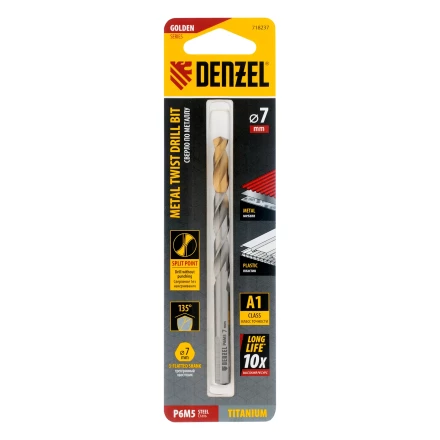 Сверло спиральное по металлу Denzel 7,0 x 109 мм, Р6М5, Golden Tip, 718237 купить в Надыме