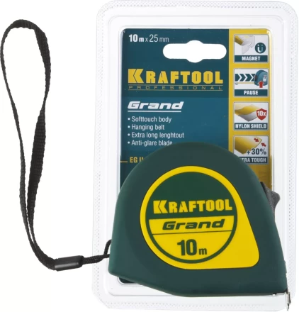 Рулетка KRAFTOOL GRAND, обрезиненный пластиковый корпус, 10м/25мм 34022-10-25 купить в Надыме