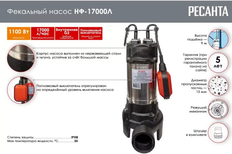 Фекальный насос Ресанта НФ-17000Л с измельчителем 77/5/3 купить в Надыме