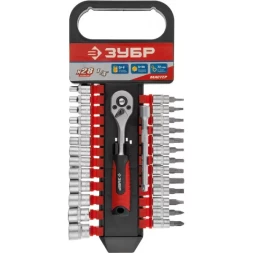 Набор ЗУБР "МАСТЕР": Торцовые головки, биты-головки (1/4") на пластик рельсе, трещотка, удл-тель, Cr-V, 4-14мм, 28 пред 27645-H28