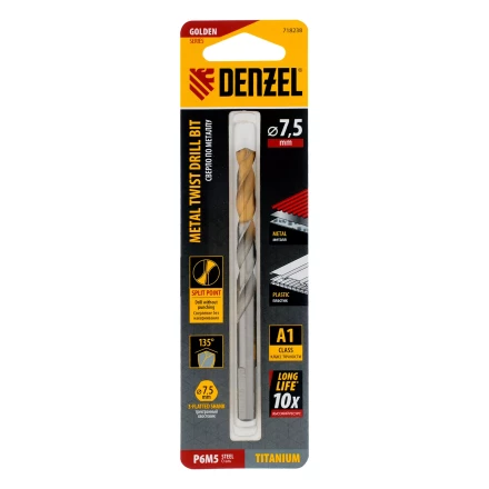 Сверло спиральное по металлу Denzel 7,5 x 109 мм, Р6М5, Golden Tip, 718238 купить в Надыме