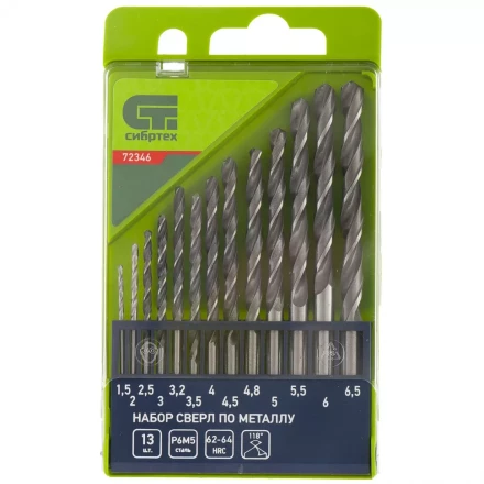 Набор сверл по металлу 1,5 - 6,5 мм 13 штук Р6М5 пластиковый кейс СИБРТЕХ артикул 72346 купить в Надыме