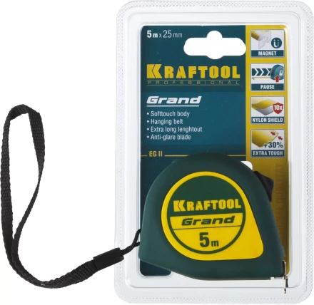 Рулетка KRAFTOOL GRAND, обрезиненный пластиковый корпус, 5м/25мм 34022-05-25 купить в Надыме