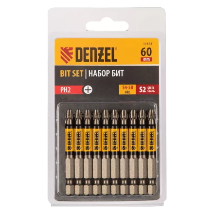 Бита PH2х60, сталь S2, цилиндр., 10 шт. Е 6,3 Denzel 11642 купить в Надыме