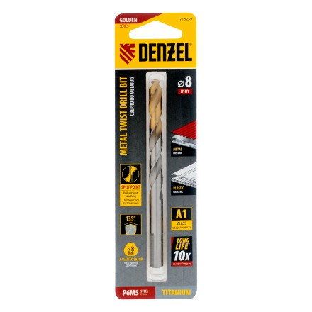 Сверло спиральное по металлу Denzel 8 x 117 мм, Р6М5, Golden Tip, 718239 купить в Надыме