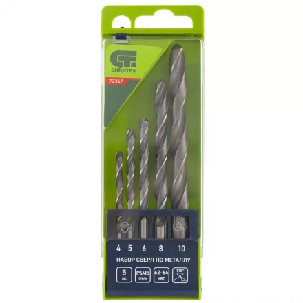 Набор сверл по металлу 4 - 10 мм 5 штук Р6М5 пластиковый кейс СИБРТЕХ артикул 72347 купить в Надыме