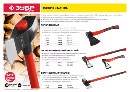 Топор ЗУБР "МАСТЕР" кованый с двухкомпонентной стеклопластиковой рукояткой, 0,8кг 2061-08 купить в Надыме