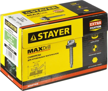 Саморезы СКМ кровельные, RAL 6002 зеленый лист, 25 x 5.5 мм, 420 шт, для металлических конструкций, STAYER 30305-55-025-6002 купить в Надыме