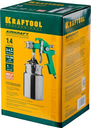 Краскопульт пневматический KRAFTOOL AirKraft, HVLP, с нижним бачком, 1,4мм 06520-1.4 купить в Надыме