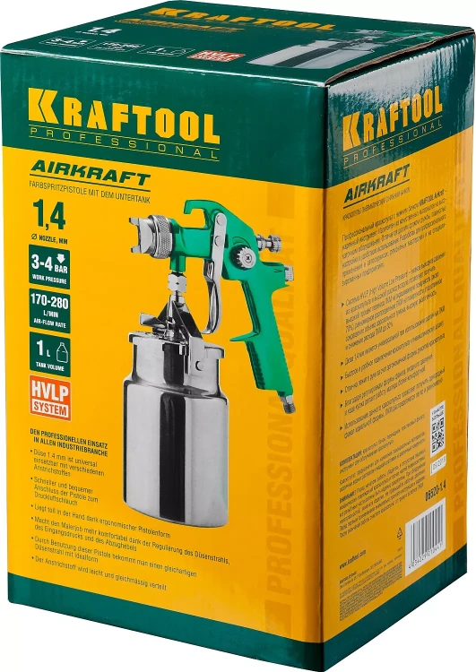 Краскопульт пневматический KRAFTOOL AirKraft, HVLP, с нижним бачком, 1,4мм 06520-1.4 купить в Надыме