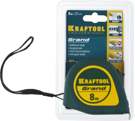 Рулетка KRAFTOOL GRAND, обрезиненный пластиковый корпус, 8м/25мм 34022-08-25 купить в Надыме