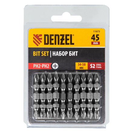 Бита двухсторонняя, PH2-PH2 х 45 мм, сталь S2, 10 шт. Denzel 11673 купить в Надыме