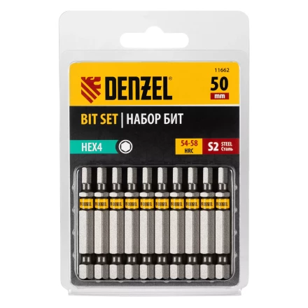 Бита HEX 4х50, сталь S2, шестигранный профиль, 10 шт. Е 6,3 Denzel 11662 купить в Надыме
