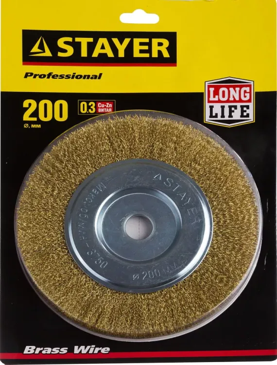 STAYER "PROFESSIONAL". Щетка дисковая для УШМ, витая стальная латунированная проволока 0,3мм, 200ммх22мм 35122-200 купить в Надыме
