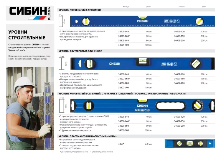 Уровень СИБИН двутавровый, 3 ампулы, измерительная линейка, 40см 34607-040 купить в Надыме