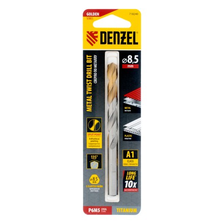 Сверло спиральное по металлу Denzel 8,5 x 117 мм, Р6М5, Golden Tip, 718240 купить в Надыме