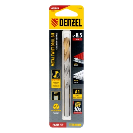 Сверло спиральное по металлу Denzel 8,5 x 117 мм, Р6М5, Golden Tip, 718240 купить в Надыме