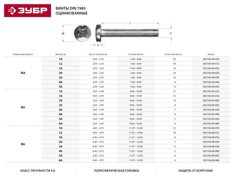 Винт DIN 7985 M5x30мм, 7шт, кл. пр. 4.8, оцинкованный, ЗУБР 303156-05-030 купить в Надыме