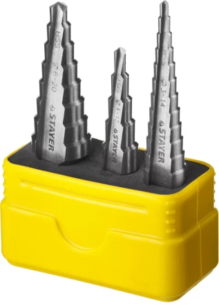 Набор STAYER "MASTER": Ступенчатые сверла по сталям и цвет.мет., сталь HSS, d=3-14мм,12ступ. d 4-12 мм 5 ступ., d 6-20мм 8ступ. 29660-3-20-H3 купить в Надыме