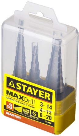 Набор STAYER &quot;MASTER&quot;: Ступенчатые сверла по сталям и цвет.мет., сталь HSS, d=3-14мм,12ступ. d 4-12 мм 5 ступ., d 6-20мм 8ступ. 29660-3-20-H3 купить в Надыме