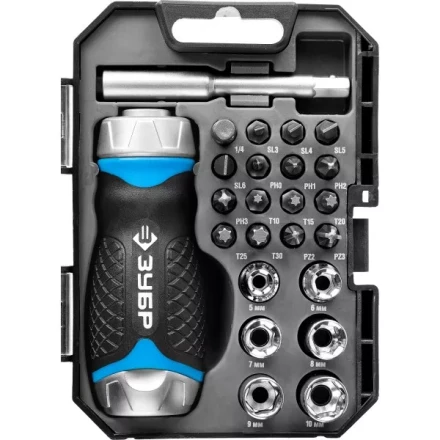 Набор ЗУБР "ПРОФЕССИОНАЛ": Отвертка реверсив с двухкомп рукоят, насадки, CrMo, рукоят с отсеком для хранения бит, 24 предмета 25353-H24 купить в Надыме