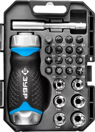 Набор ЗУБР "ПРОФЕССИОНАЛ": Отвертка реверсив с двухкомп рукоят, насадки, CrMo, рукоят с отсеком для хранения бит, 24 предмета 25353-H24 купить в Надыме