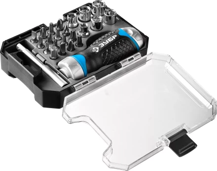 Набор ЗУБР "ПРОФЕССИОНАЛ": Отвертка реверсив с двухкомп рукоят, насадки, CrMo, рукоят с отсеком для хранения бит, 24 предмета 25353-H24 купить в Надыме